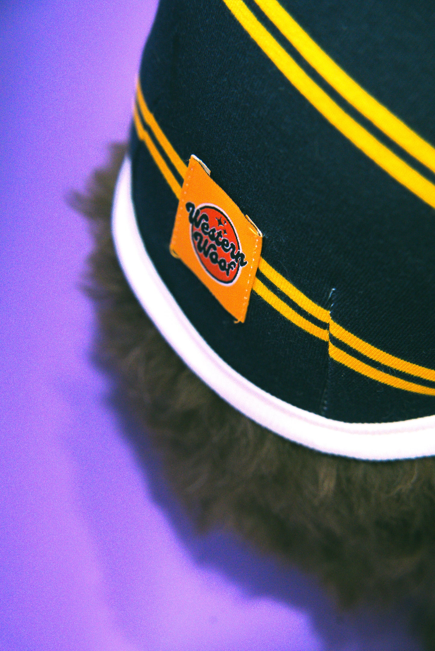 Navy dog sweater with yellow stripes with a logo