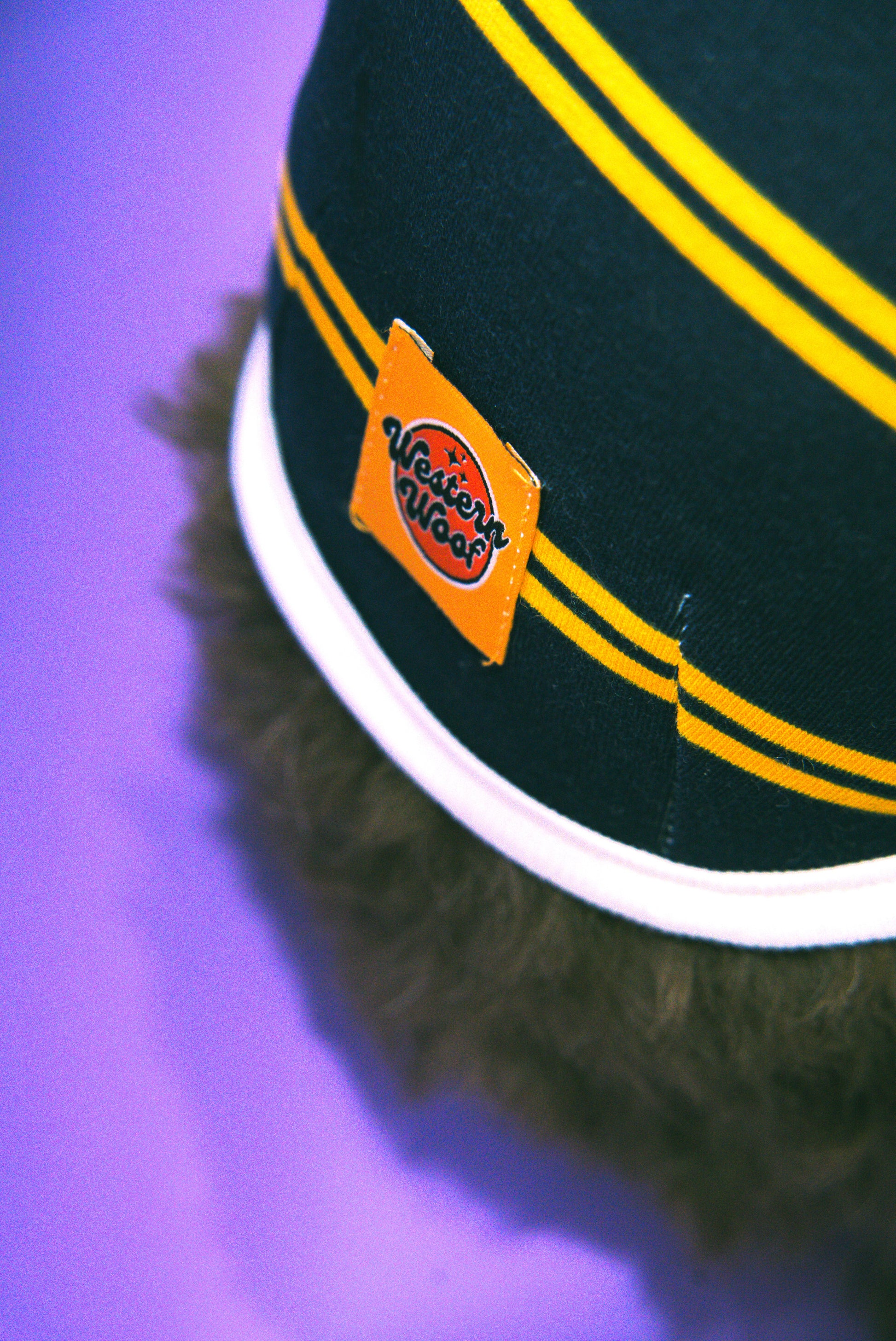 Navy dog sweater with yellow stripes with a logo