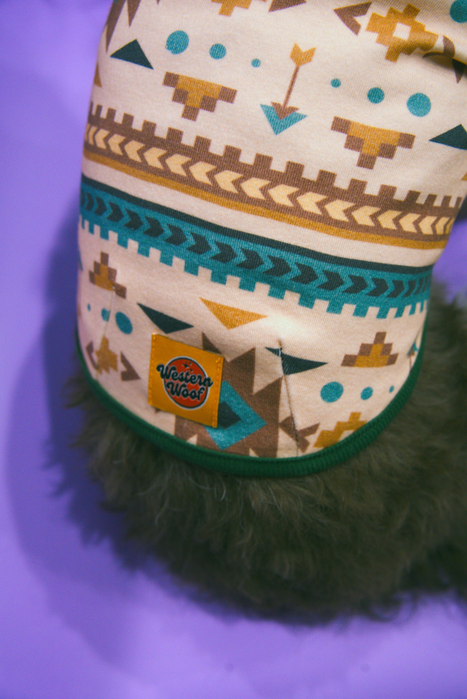 close up of a southwestern patterned dog shirt